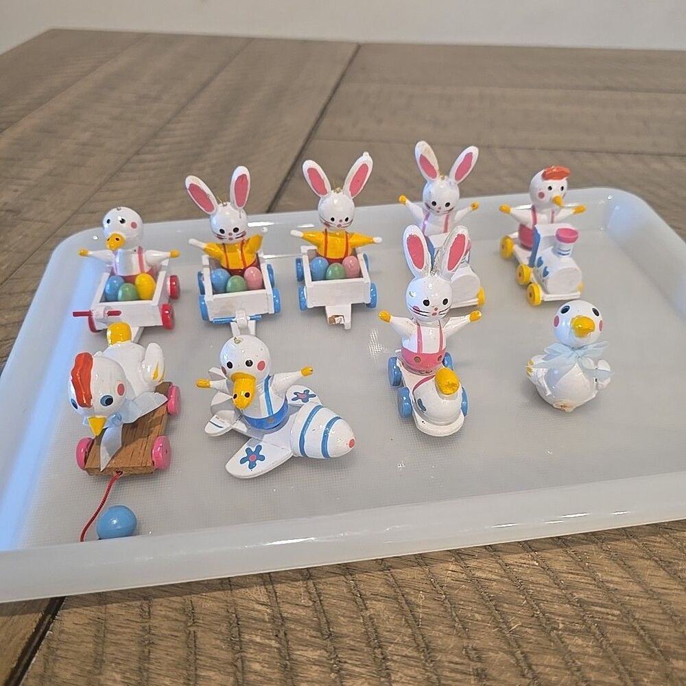 9 Vintage Bunny Rabbit & Chick Duck Wooden Figurines Easter Decor Hand Painted